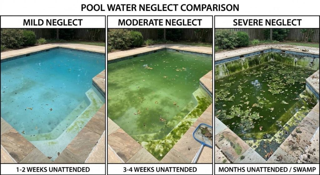 mild cloudy pool vs green algae pool vs black algae abandoned pool