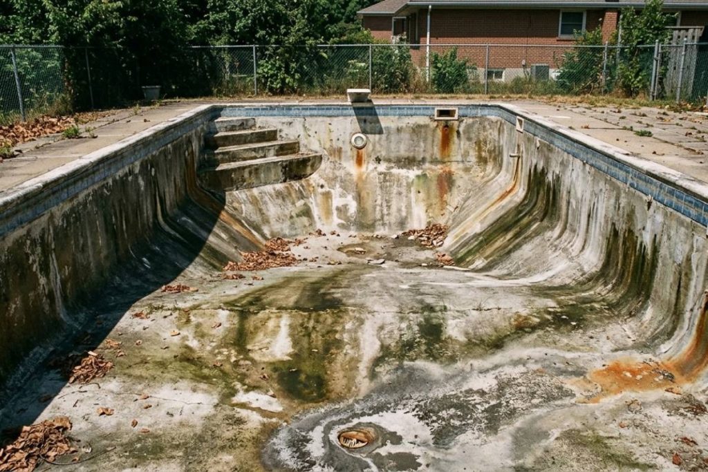 drained neglected concrete pool before acid wash treatment