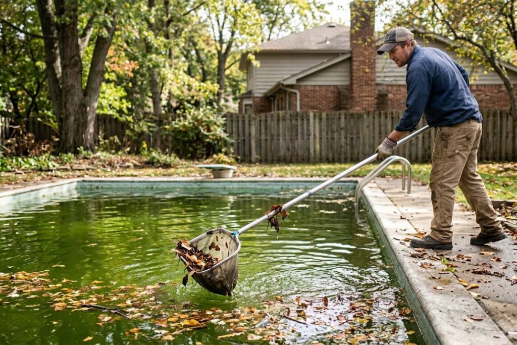 removing debris from neglected pool with leaf net