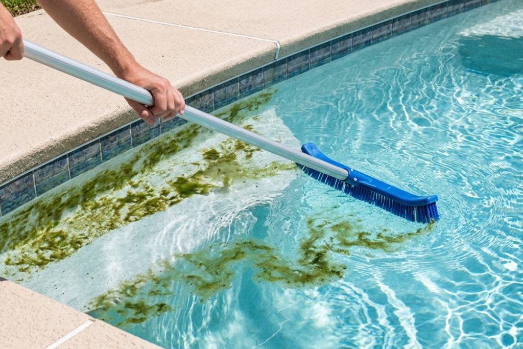 brushing algae off neglected pool walls during restoration