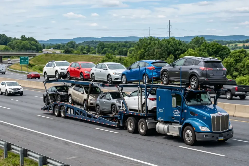 Interstate car transport carrier truck on highway