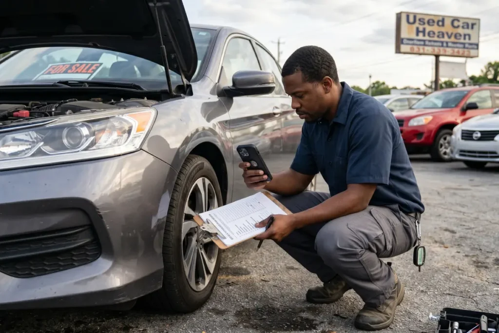 Buyer inspecting a car before interstate transport