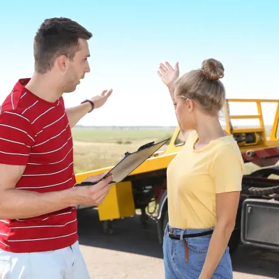 A woman with her hair in a bun wearing a yellow shirt and light blue jeans stands in front of a tow truck